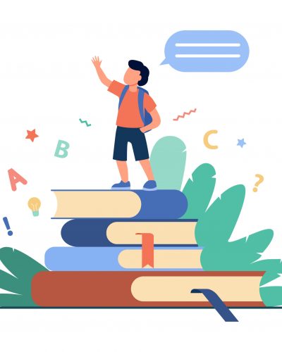 Schoolboy standing on books, raising hand and speaking. Pupil reading home task report flat vector illustration. School, education, knowledge concept for banner, website design or landing web page